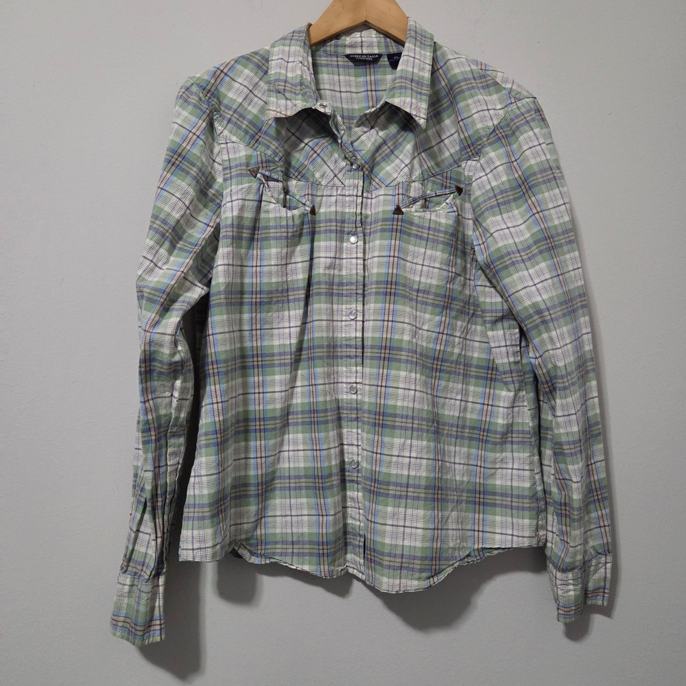 American Eagle Outfitters Womens XL Green Plaid Western Button Down Shirt Cotton